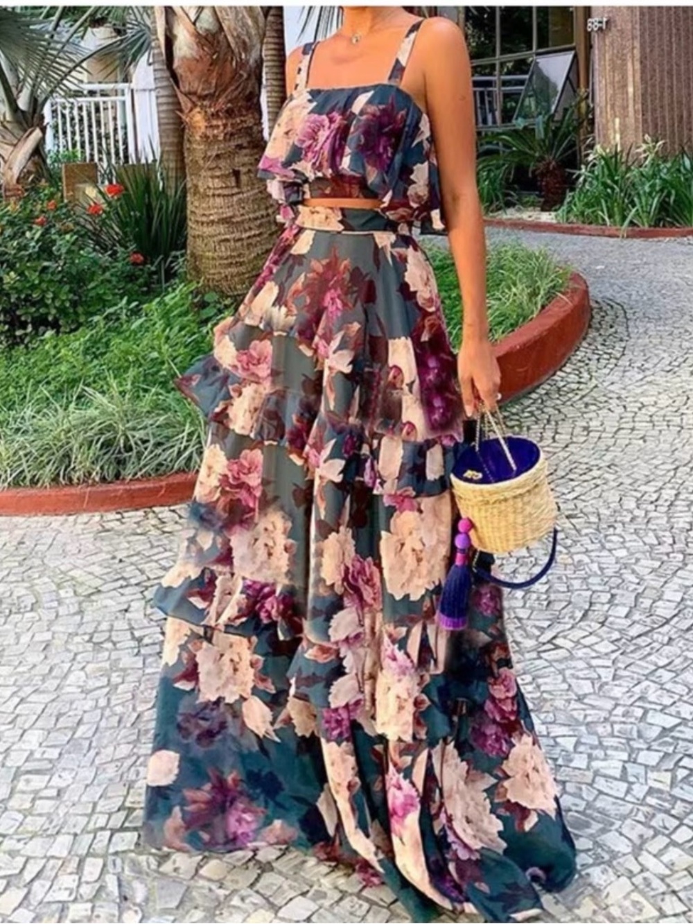 Floral Tiered Maxi Skirt in Teal and Purple - Picture 1 of 5